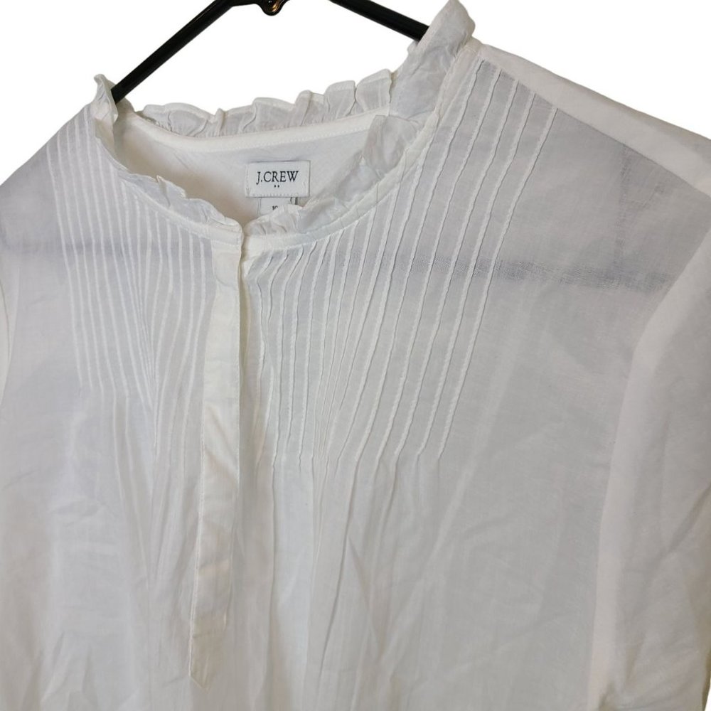 J. Crew Womens 10 White Long Sleeves Pintuck Ruffle Crew Neck Cotton Blouse Top